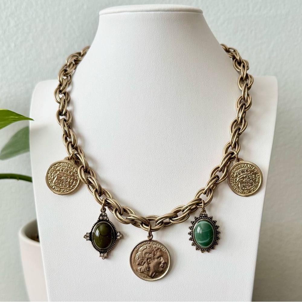 Vintage Inspired Gold / Silver Coins Green Medallion Charm Necklace Boho Chunky